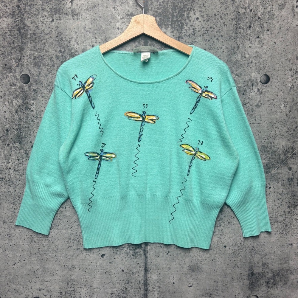 Victoria Vintage Mint Green Dragonfly Handmade Knit Sweater Medium‎ USA Made